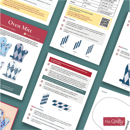 The Oven Mitt Downloadable PDF Quilt Pattern includes pages of instructions, diagrams, templates, and the "Mrs. Quilty" logo—ideal for your next intermediate quilting project.