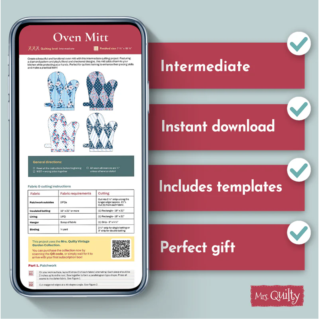 A smartphone displays the Oven Mitt Downloadable PDF Quilt Pattern with a diamond design, text noting intermediate level, instant download, templates included, perfect gift, and the Mrs. Quilty logo.