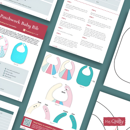 The Patchwork Baby Bib Downloadable PDF Quilt Pattern includes step-by-step instructions, fabric diagrams, and printable templates—perfect for baby shower gifts. Available as an instant download on a blue background.