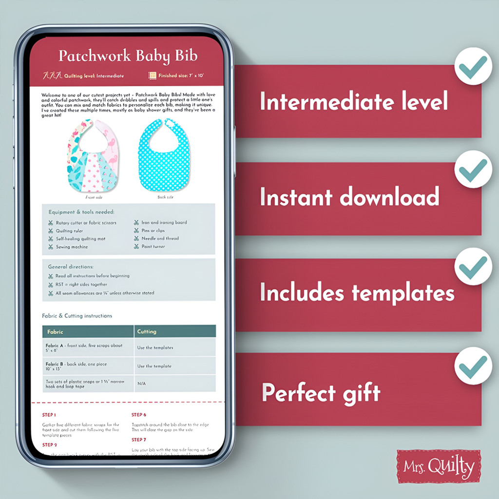 A phone displays the Patchwork Baby Bib Downloadable PDF Quilt Pattern product page, beside four checklists: intermediate level, instant download, includes templates, and perfect for baby shower gifts.