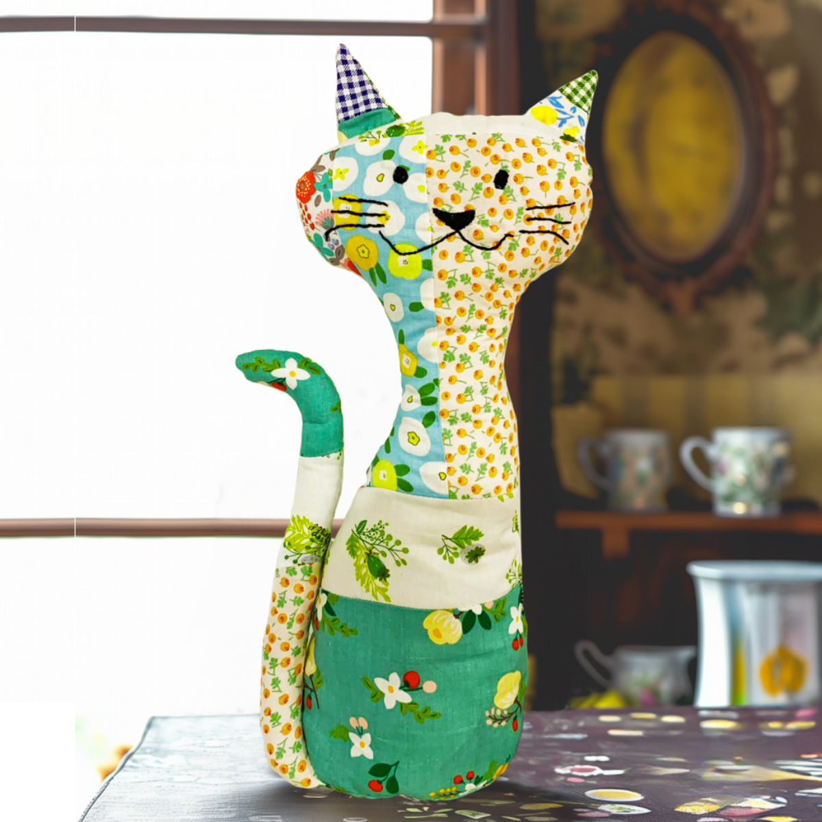 A handmade cat doll with a patchwork floral design inspired by the Patchwork Kitty Downloadable PDF Quilt Pattern sits on a table in a room with cups, plates, and a window in the background.