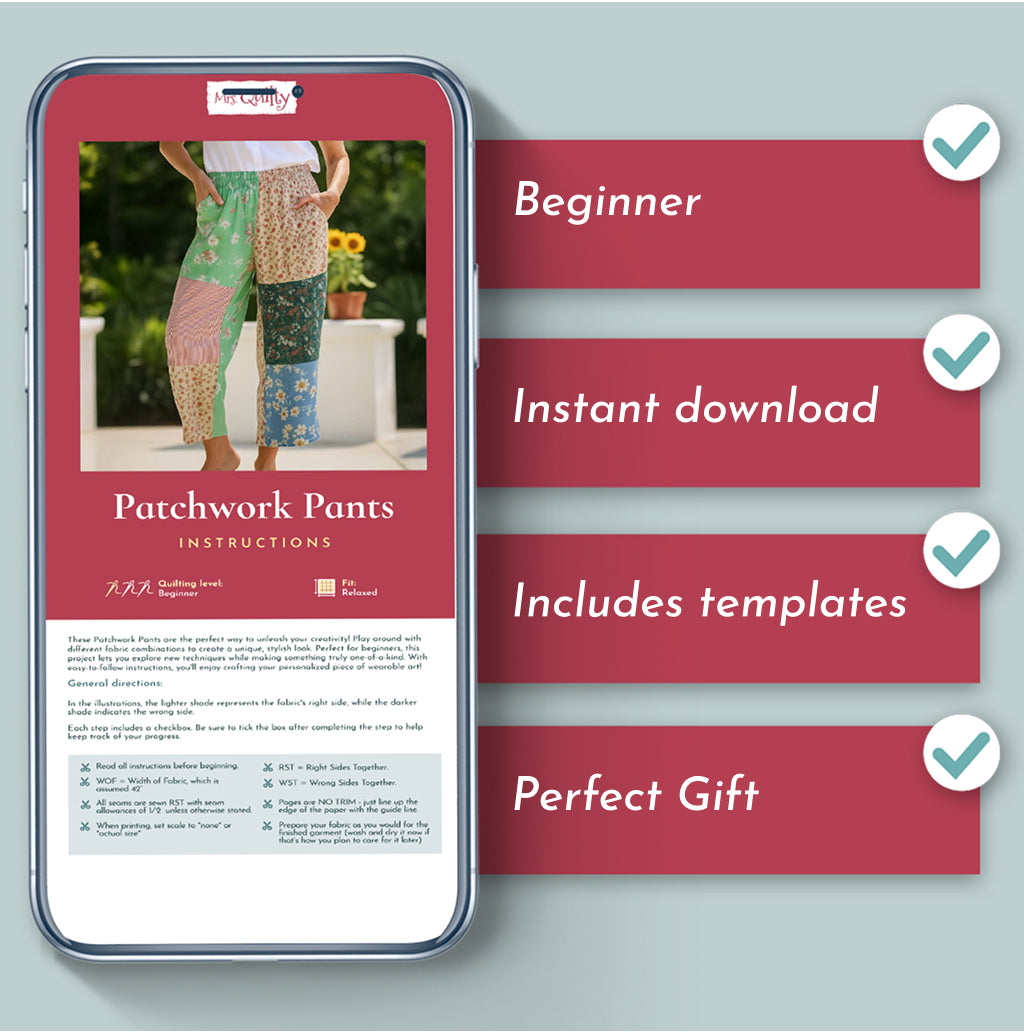 A phone shows the Patchwork Pants Downloadable PDF Quilt Pattern; checklists note beginner-friendly instructions, instant download, included templates, and suitability as a gift or quilting project.