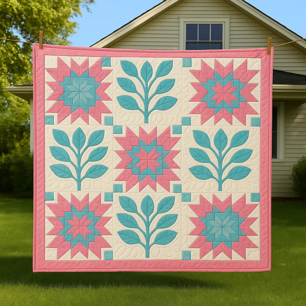 The Bundle of 14 Quilt Patterns, great for beginners, features pink, teal, and white star and leaf designs—shown hanging on a clothesline in front of a beige-sided house.