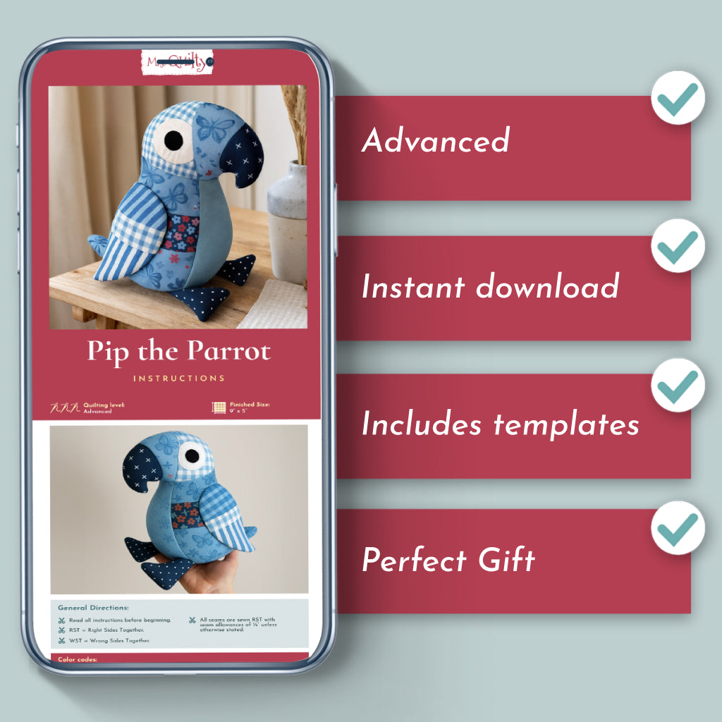 A smartphone shows the "Pip the Parrot Downloadable PDF Quilt Pattern." Features are highlighted with checkmarks: advanced quilt pattern, instant download, includes templates, and makes a perfect gift.