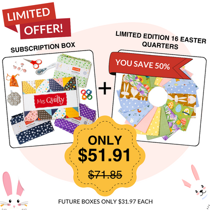 Promotional image for the Easter Bundle includes a subscription box and 16 Easter-themed fabric quarters, all at a 50% discount, priced at $51.91.