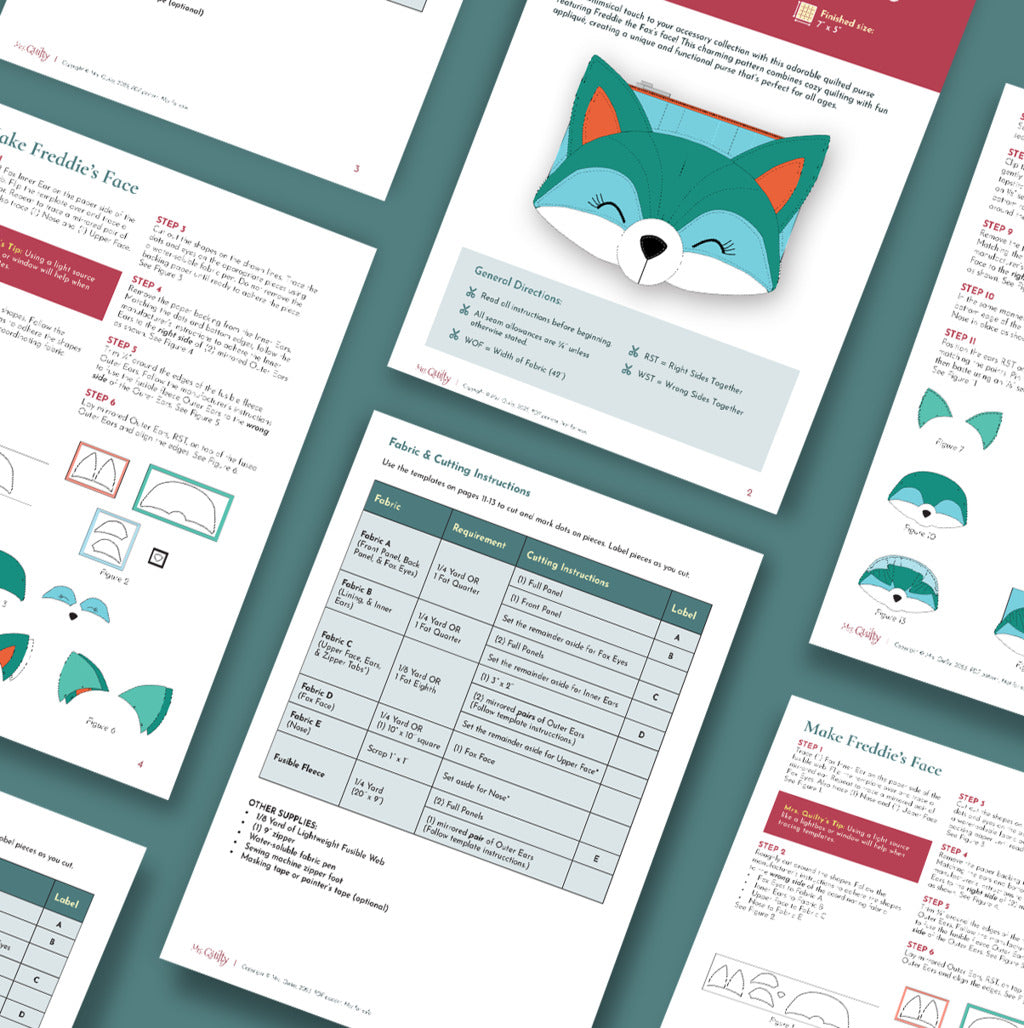 The Freddie Fox Purse Downloadable PDF Quilt Pattern, featuring diagrams, fabric cutting charts, and step-by-step instructions, is spread out on a teal surface.