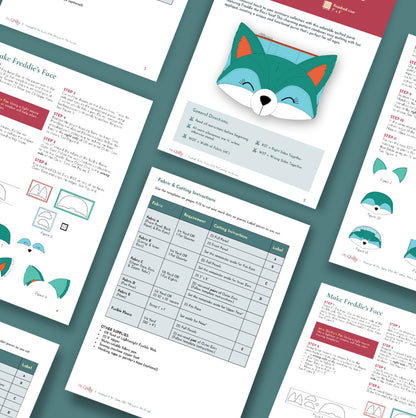 The Freddie Fox Purse Downloadable PDF Quilt Pattern, featuring diagrams, fabric cutting charts, and step-by-step instructions, is spread out on a teal surface.