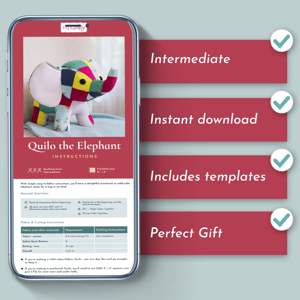 A smartphone displays Quilo the Elephant Downloadable PDF Quilt Pattern; side text highlights: Intermediate, Instant download, Includes templates, Perfect sewing gift.