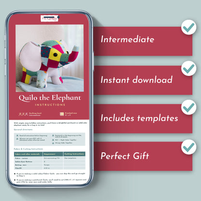 A smartphone displays Quilo the Elephant Downloadable PDF Quilt Pattern; side text highlights: Intermediate, Instant download, Includes templates, Perfect sewing gift.