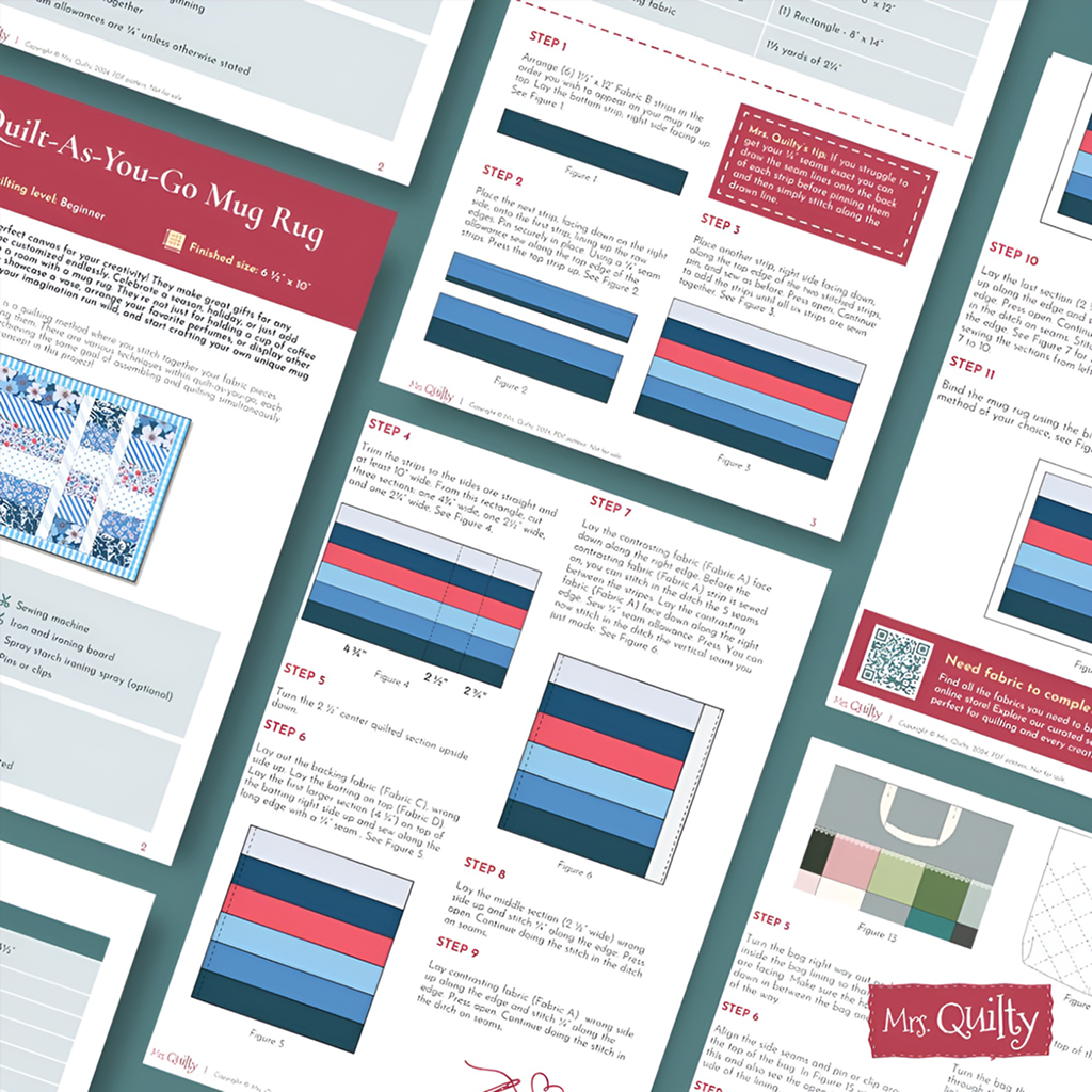 The Quilt-As-You-Go Mug Rug Downloadable PDF Quilt Pattern includes fabric diagrams, step-by-step instructions, and sample patterns—ideal for custom gifts—with a "Mrs. Quilty" logo. Available as an instant download.