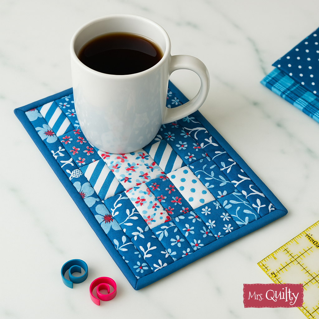A mug filled with coffee rests on a blue patchwork coaster made from the Quilt-As-You-Go Mug Rug Downloadable PDF Quilt Pattern, surrounded by a yellow ruler, fabric swatches, and colorful clips on a white surface.