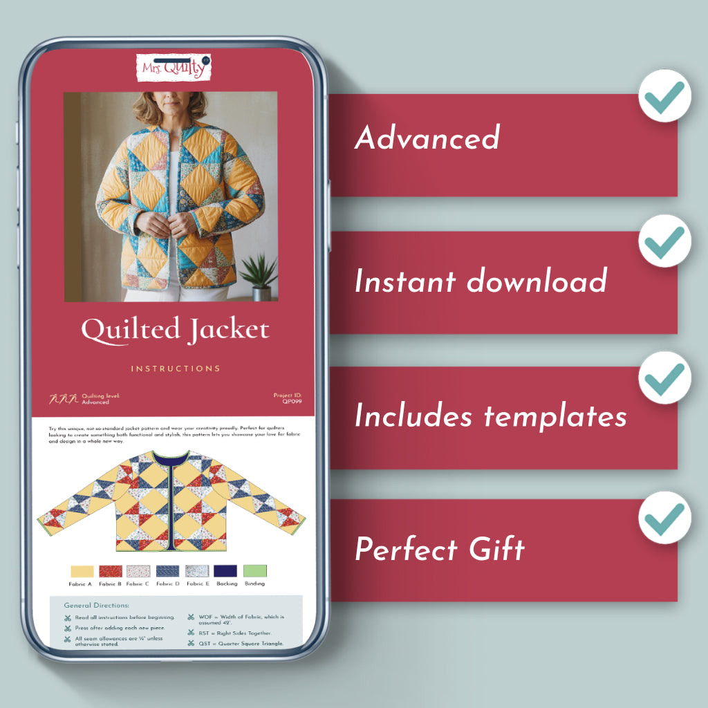 A smartphone shows the Quilted Jacket Downloadable PDF Quilt Pattern. Beside it, checkmarks highlight: Advanced quilting pattern, Instant download, Includes templates, and Perfect gift.