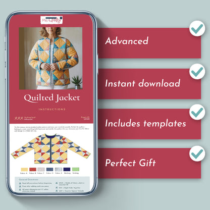 A smartphone shows the Quilted Jacket Downloadable PDF Quilt Pattern. Beside it, checkmarks highlight: Advanced quilting pattern, Instant download, Includes templates, and Perfect gift.
