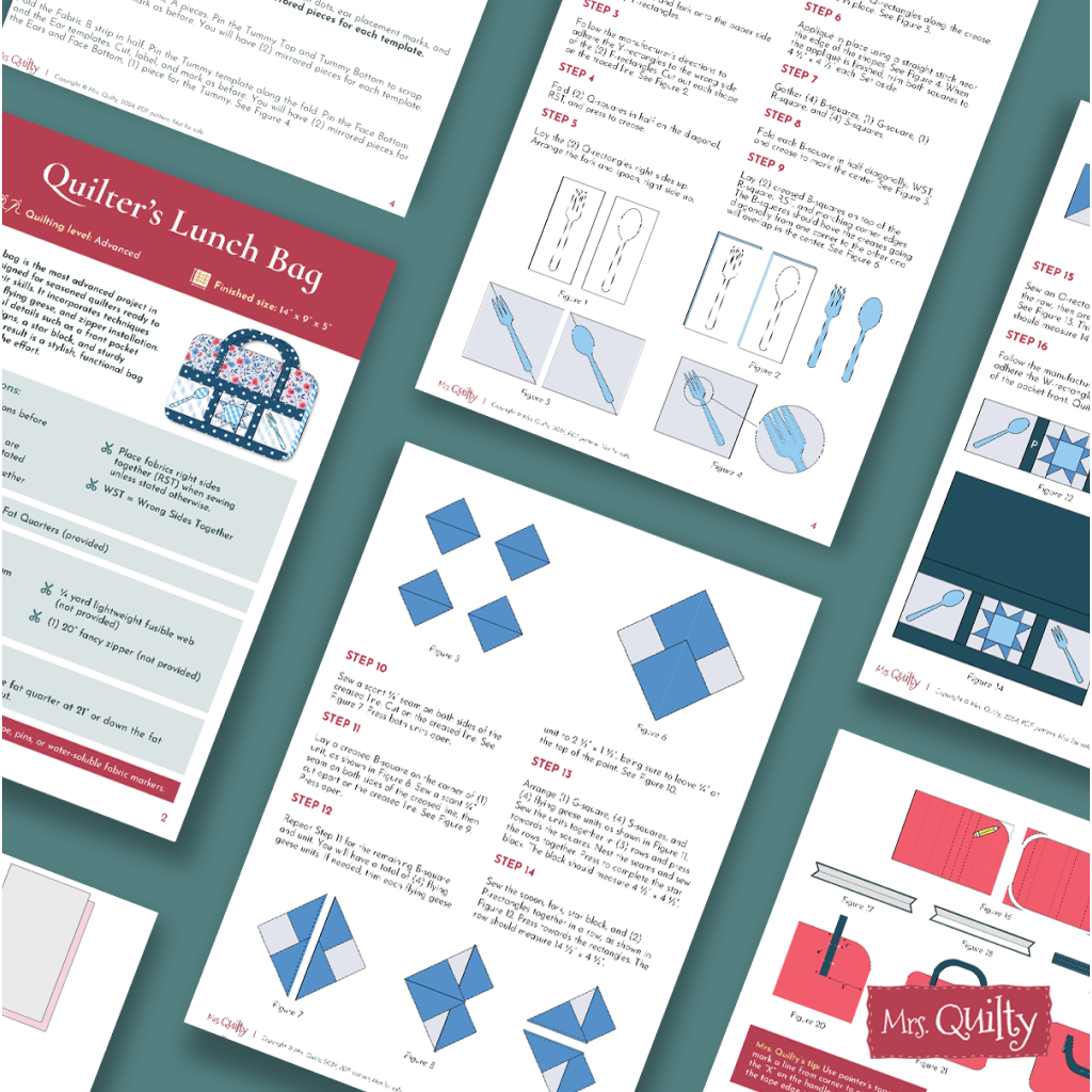 Instructional pages with text, diagrams, and illustrations guide you in sewing the Quilter’s Lunch Bag using appliqué techniques. Includes the Quilter’s Lunch Bag Downloadable PDF Quilt Pattern for easy reference. Displayed on a teal background.