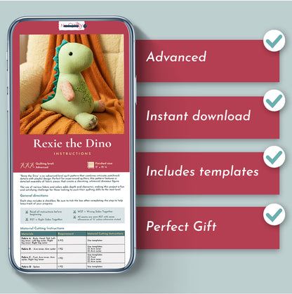 A phone shows the "Rexie the Dino Downloadable PDF Quilt Pattern" with text and checkmarks: advanced quilting pattern, instant download, includes templates, and perfect gift.