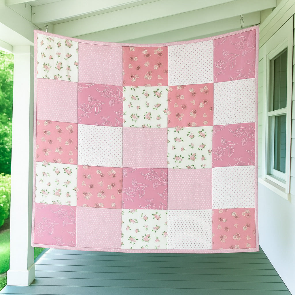 A porch displays the "Bundle of 14 Quilt Patterns" quilt in pink and white, featuring floral designs and polka dots.