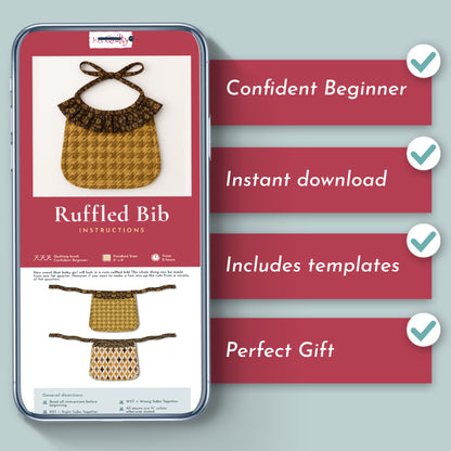 The Ruffled Bib Downloadable PDF Quilt Pattern is shown on a smartphone, featuring instant download, templates, and confident beginner instructions—ideal as a thoughtful gift or for your first quilting project.