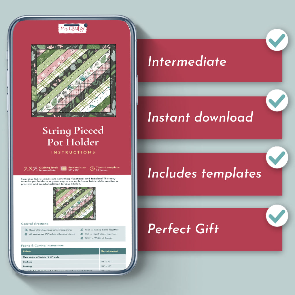 A smartphone displays the "String Pieced Pot Holder Downloadable PDF Quilt Pattern" with a list highlighting: perfect for intermediate quilters, instant download, includes templates, and ideal as a kitchen pot holder gift.