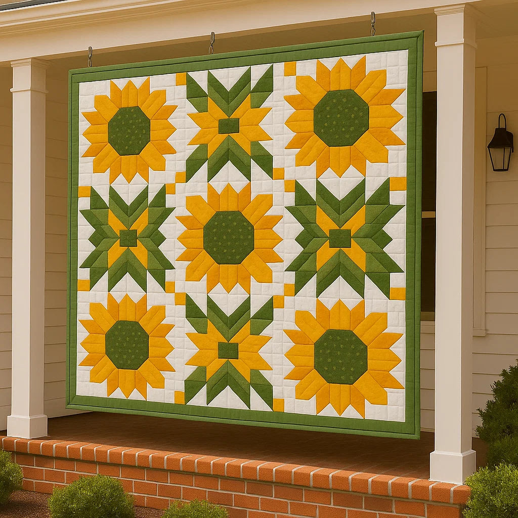 A Bundle of 14 Quilt Patterns, including sunflower and geometric designs in green, yellow, and white, hangs on the porch of a white house with brick steps—perfect for fans of floral quilt patterns.