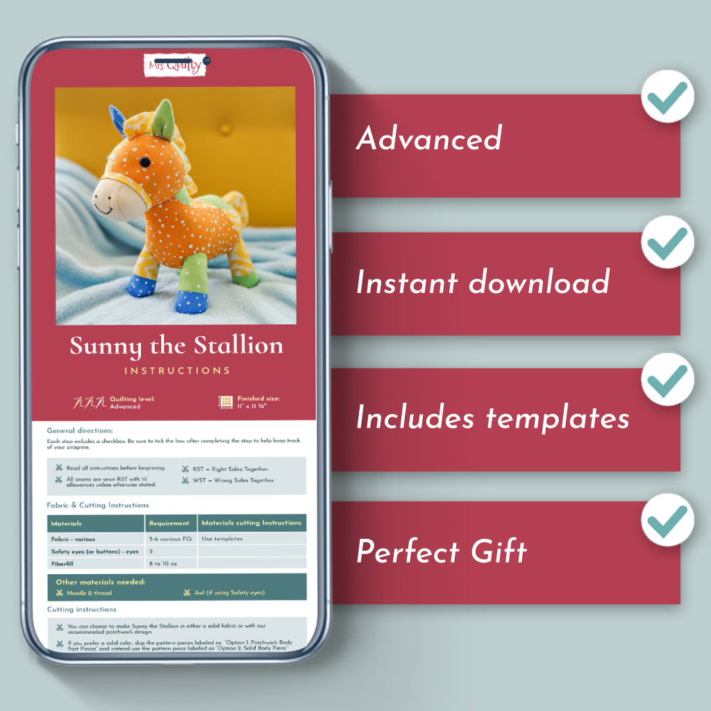 A mobile phone shows sewing instructions for the "Sunny the Stallion Downloadable PDF Quilt Pattern," highlighting features like advanced pattern, instant download, included templates, and making it a perfect gift.