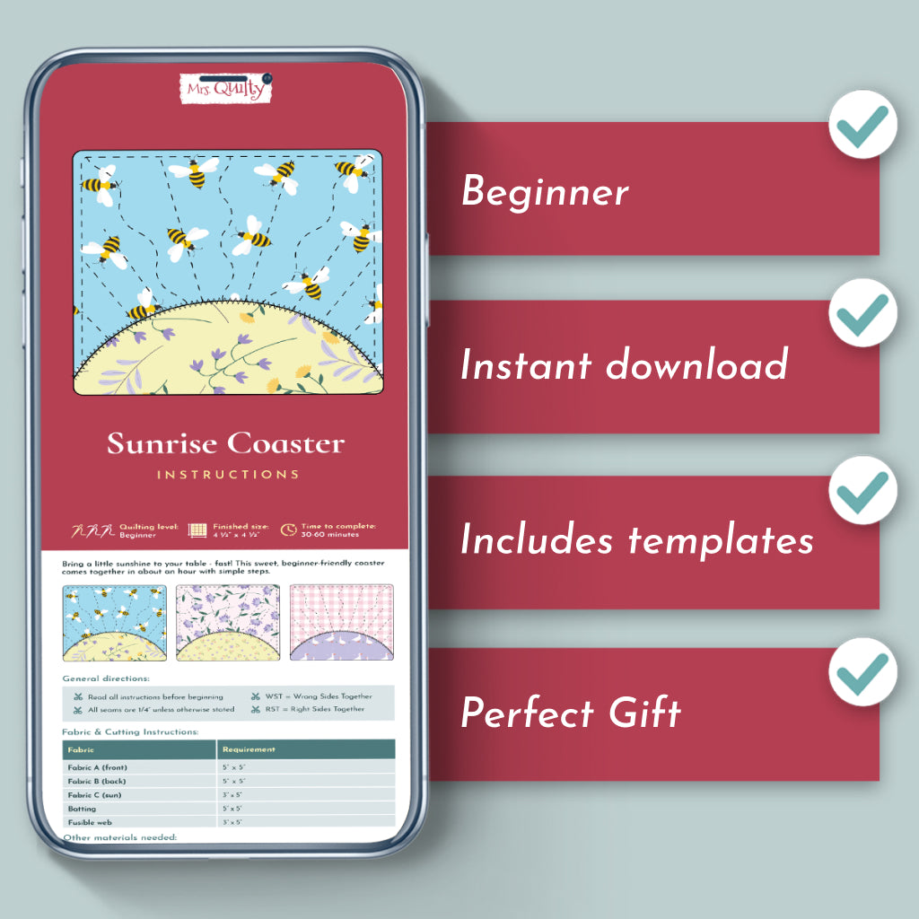 Smartphone shows "Sunrise Coaster Downloadable PDF Quilt Pattern" with bee artwork, a beginner-friendly digital quilt pattern. Includes instant download, templates, and makes an ideal gift for quilters.