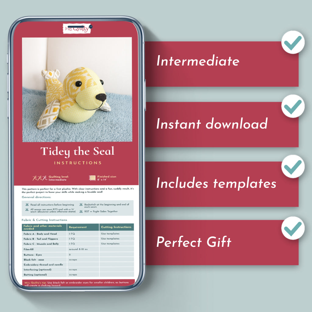 Tidey the Seal Downloadable PDF Quilt Pattern: Intermediate-level, instant download includes templates—perfect for creating an adorable plush ocean animal softie gift!.
