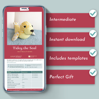 Tidey the Seal Downloadable PDF Quilt Pattern: Intermediate-level, instant download includes templates—perfect for creating an adorable plush ocean animal softie gift!.