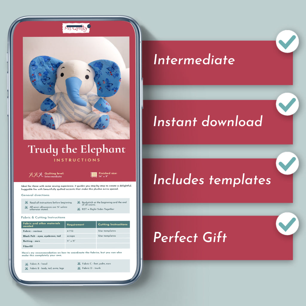 A phone screen displays the Trudy the Elephant Downloadable PDF Quilt Pattern, featuring Intermediate level, instant download, elephant quilting templates, and perfect handmade gift—each highlighted with a checkmark.