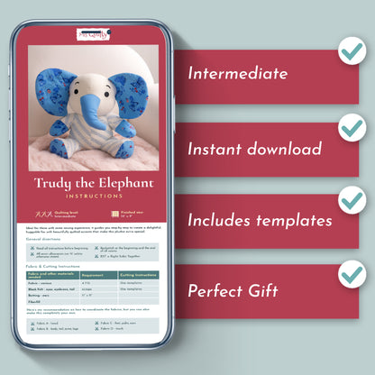 A phone screen displays the Trudy the Elephant Downloadable PDF Quilt Pattern, featuring Intermediate level, instant download, elephant quilting templates, and perfect handmade gift—each highlighted with a checkmark.