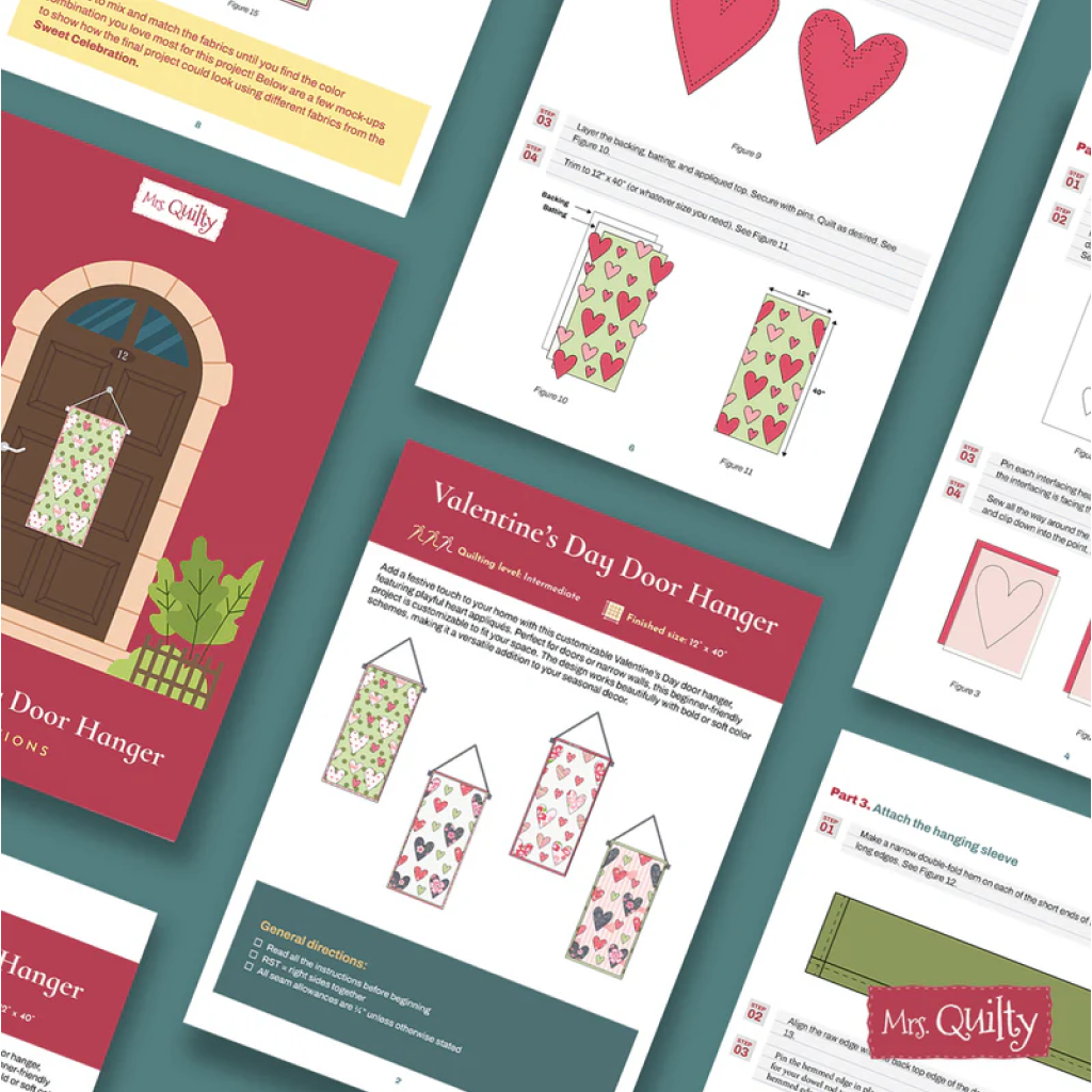 A flat lay of the Valentine’s Day Door Hanger Downloadable PDF Quilt Pattern, showing heart-themed instructions, step-by-step guides, fabric pattern illustrations, and ideas for customized decor with heart appliqués.