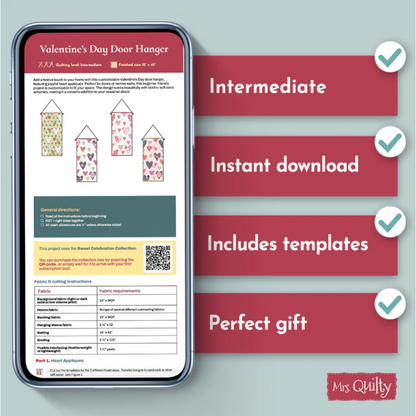 A smartphone shows the Valentine’s Day Door Hanger Downloadable PDF Quilt Pattern. Next to it, a list notes: Intermediate, Instant download, Includes templates, Perfect gift.