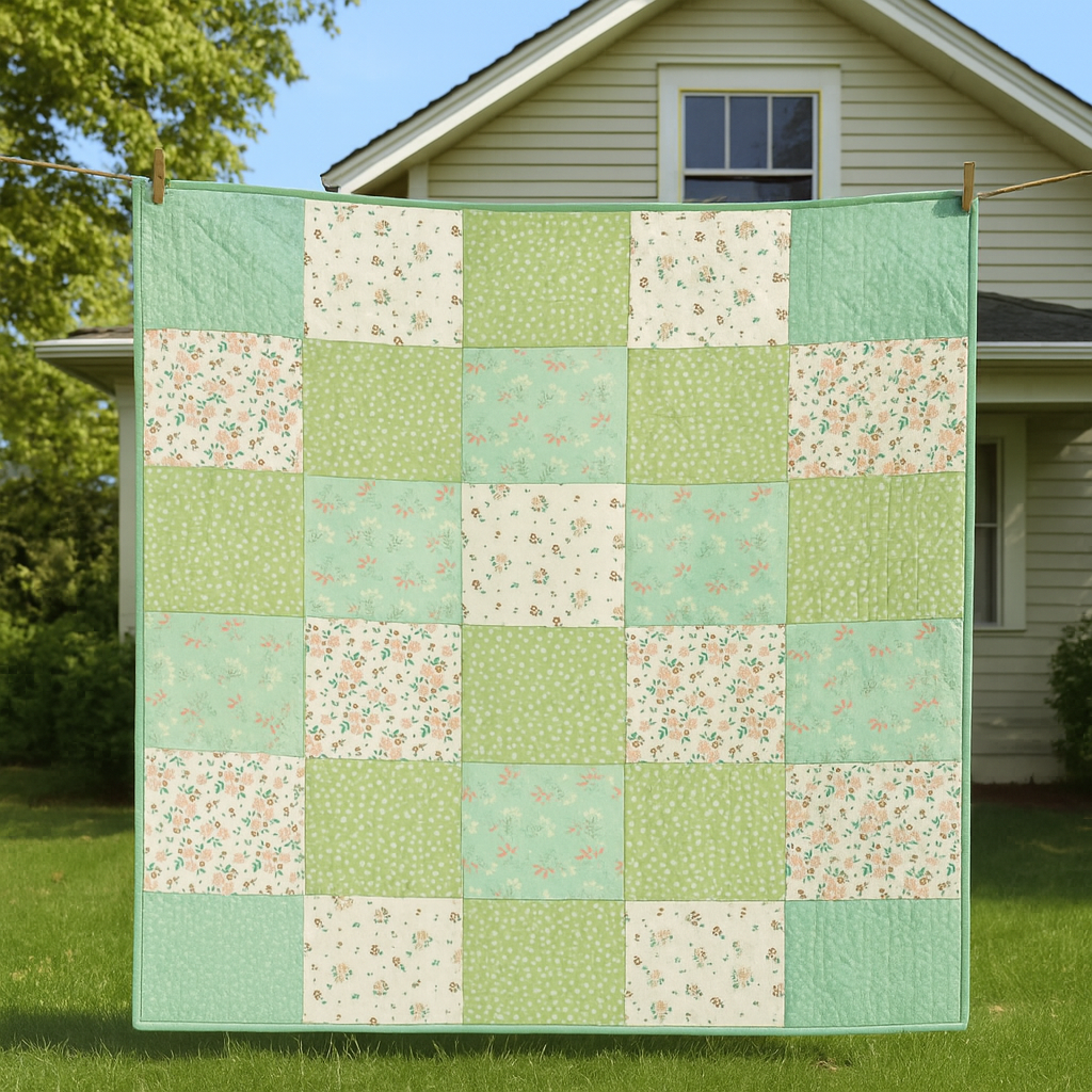 A Bundle of 14 Quilt Patterns—ideal for beginners or anyone seeking new designs—is displayed like a green, cream, and floral patchwork quilt hanging on a clothesline outside a house.
