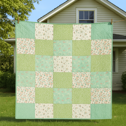 A Bundle of 14 Quilt Patterns—ideal for beginners or anyone seeking new designs—is displayed like a green, cream, and floral patchwork quilt hanging on a clothesline outside a house.