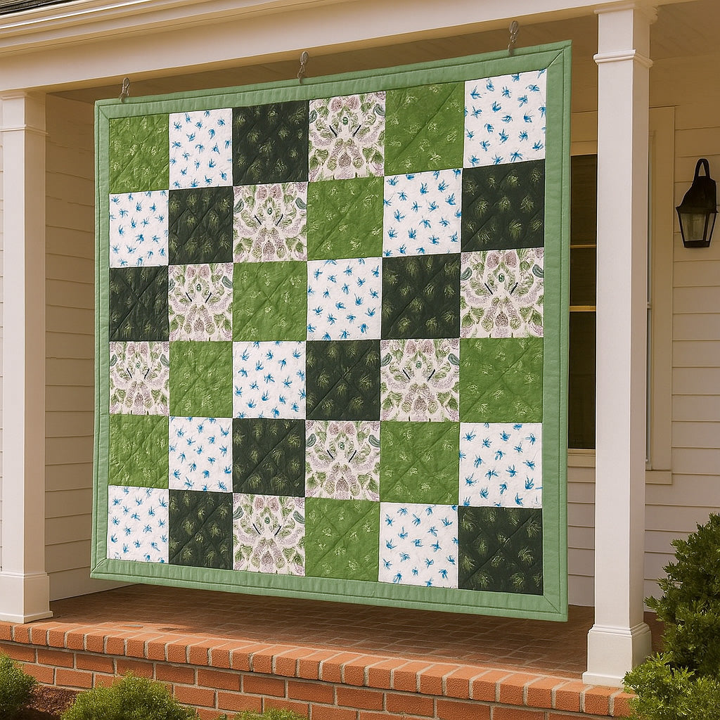 A variety of quilt patterns from the Bundle of 14 Quilt Patterns, including floral designs, are featured on a green and white patchwork quilt hanging on a porch before a white house with a brick base.