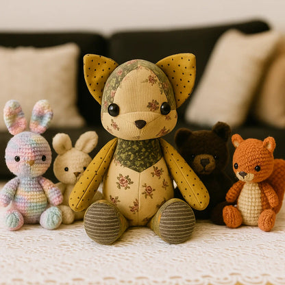 Five adorable animal toys—including a fox made with the Acrylic Fox Doll Template Set—sit on a lace-covered table, offering charming inspiration for your next DIY project.