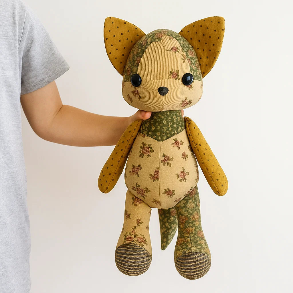 Someone in a gray shirt displays an adorable fox plushie—with big ears, floral patterns, and button eyes—made using the Acrylic Fox Doll Template Set, against a plain white background.
