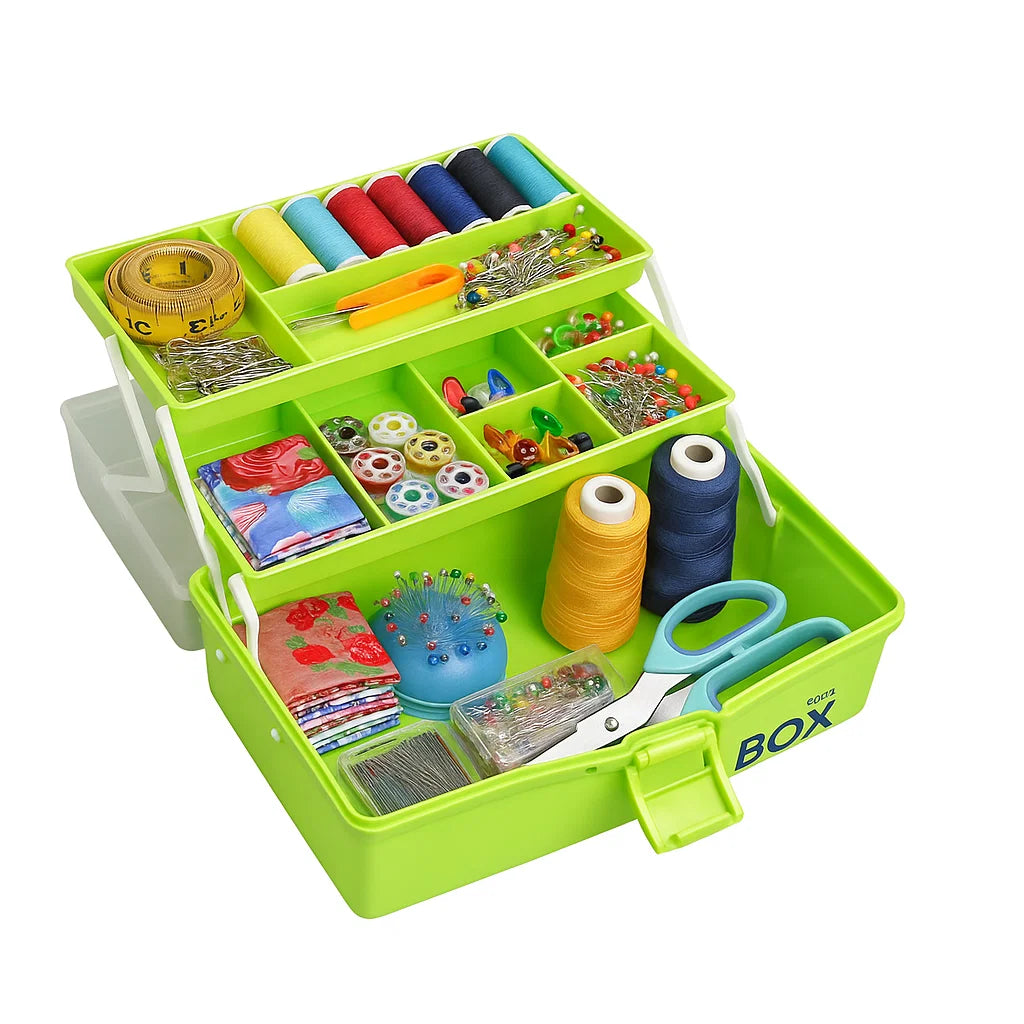 The Three-Layer Multipurpose Organizer Box features organized compartments for spools of thread, needles, pins, scissors, measuring tape, buttons, and fabric squares—ideal for storing quilting tools.