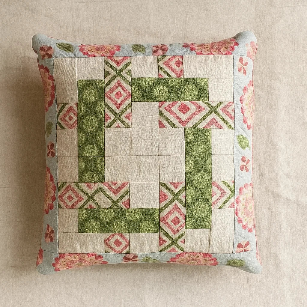 The Intertwined Pillow Case Downloadable PDF Quilt Pattern features green, pink, and cream geometric patchwork with a floral border on a neutral background—an intermediate-level design perfect for adding an accent to any space.