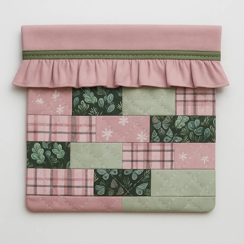 Showcase your quilting skills with the Ruffled iPad Case Downloadable PDF Quilt Pattern—a lively patchwork design with pink, green, floral squares, a pink ruffled flap, and green trim. Perfect for intermediate quilters!.