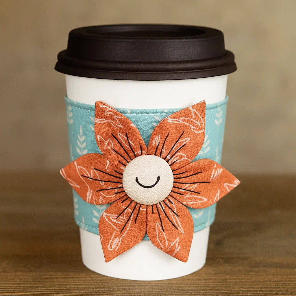 A white disposable coffee cup with a black lid, wrapped in a blue cozy made using the Flower Cup Sleeve Downloadable PDF Quilt Pattern, featuring a smiling orange fabric flower.
