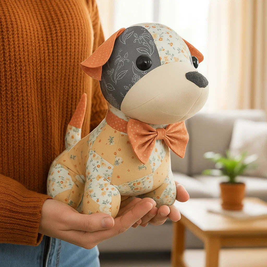 A person in an orange sweater holds a stuffed dog made with the Benny the Puppy Downloadable PDF Quilt Pattern, featuring a bow tie, in a cozy living room.