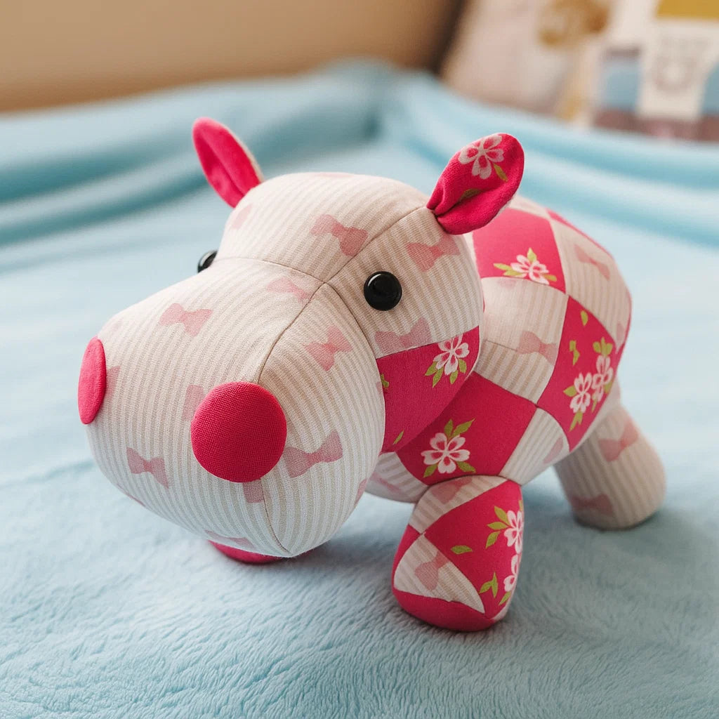The Hilda the Hippo Downloadable PDF Quilt Pattern lets you create a charming hippo quilt with pink, white, and floral patchwork—reminiscent of a cute plush hippo resting on a light blue blanket.