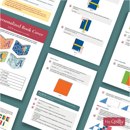 Instructional pages for the Book Cover Downloadable PDF Quilt Pattern are displayed on a green surface, showing sewing steps, diagrams, text instructions, and colorful sample images.