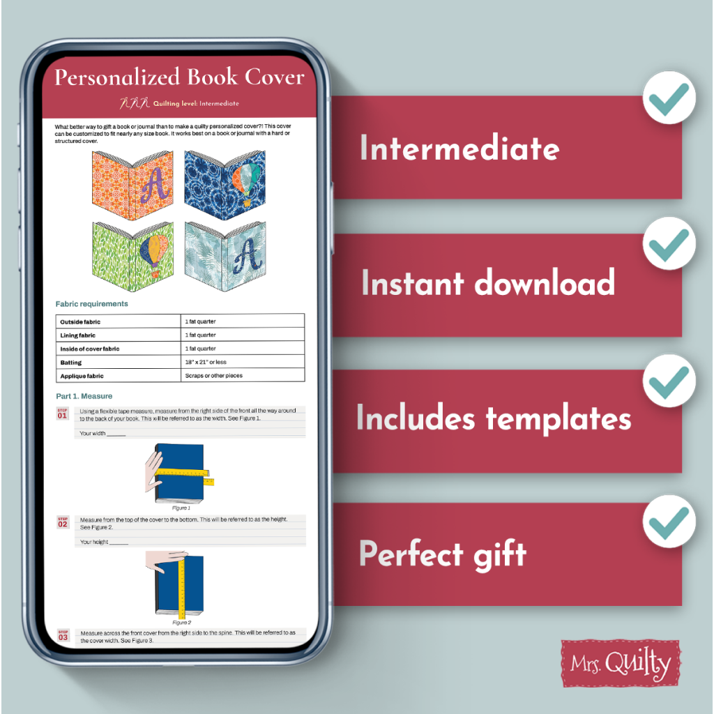 The Book Cover Downloadable PDF Quilt Pattern features a unique design, is of intermediate difficulty, offers instant download, includes templates, and makes a perfect gift.