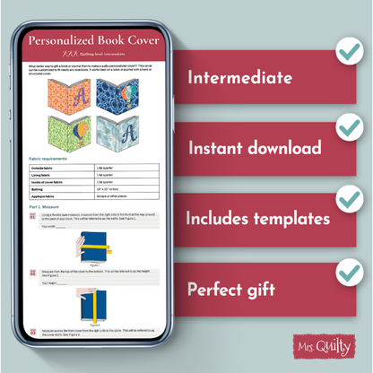 The Book Cover Downloadable PDF Quilt Pattern features a unique design, is of intermediate difficulty, offers instant download, includes templates, and makes a perfect gift.