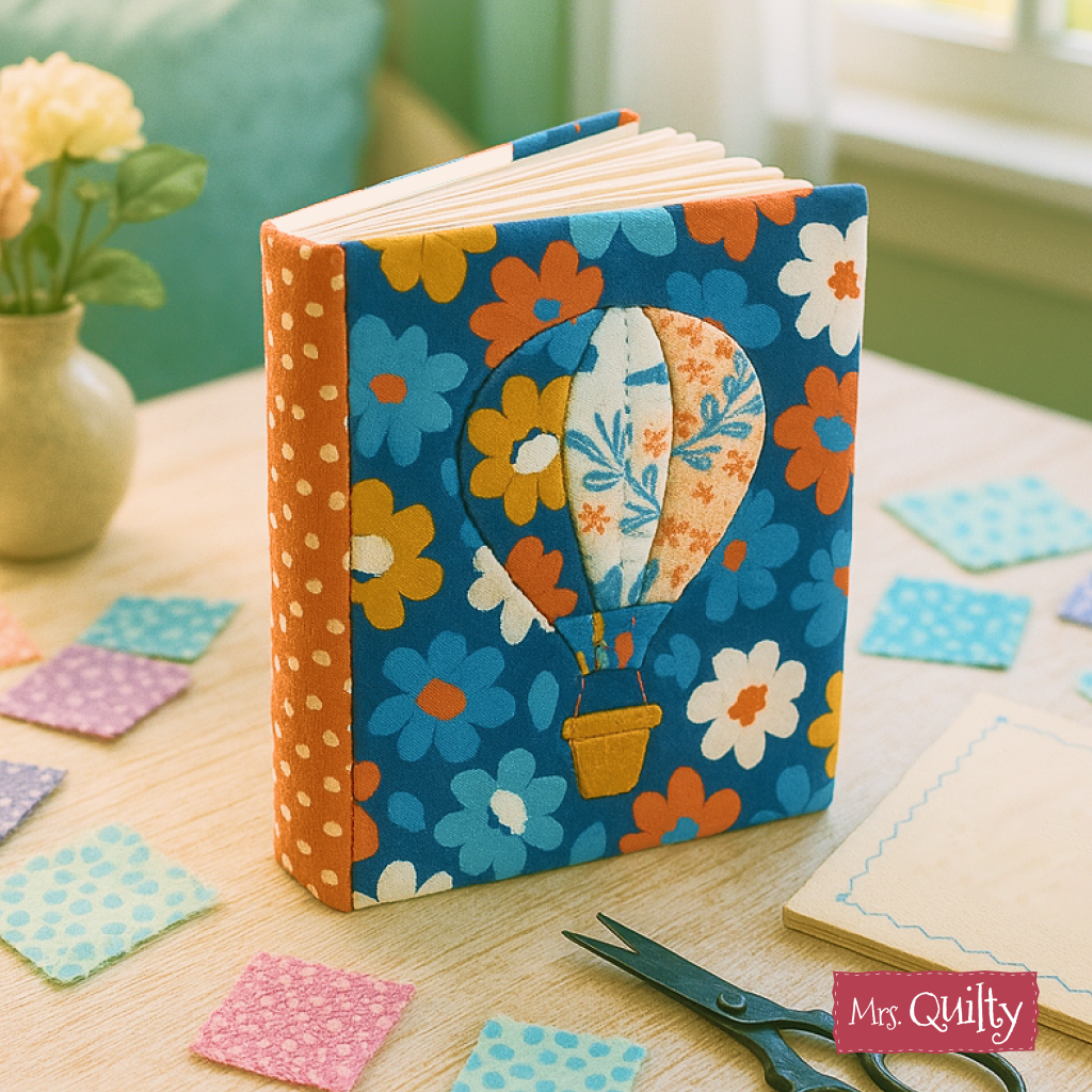 A Book Cover Downloadable PDF Quilt Pattern features a hot air balloon and floral design, surrounded by fabric squares and scissors—a perfect inspiration to create your own customizable journal cover.