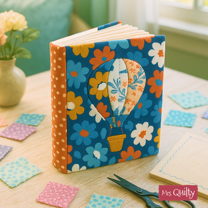 A Book Cover Downloadable PDF Quilt Pattern features a hot air balloon and floral design, surrounded by fabric squares and scissors—a perfect inspiration to create your own customizable journal cover.