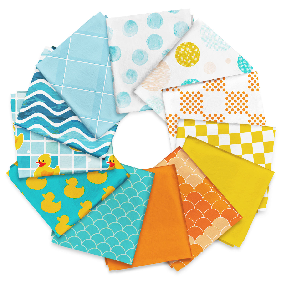 The Ducky Day - Fat Quarter Bundle features a circular display of patterned and solid quilting cotton squares, including duck prints, with waves, grids, polka dots, and scales in blue, yellow, orange, and white.