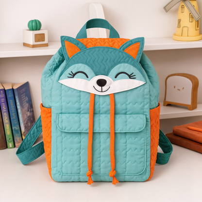 The Freddie Fox Backpack Downloadable PDF Quilt Pattern features a quilted children’s backpack design in teal and orange with a smiling fox face, perfect for creative sewing projects.