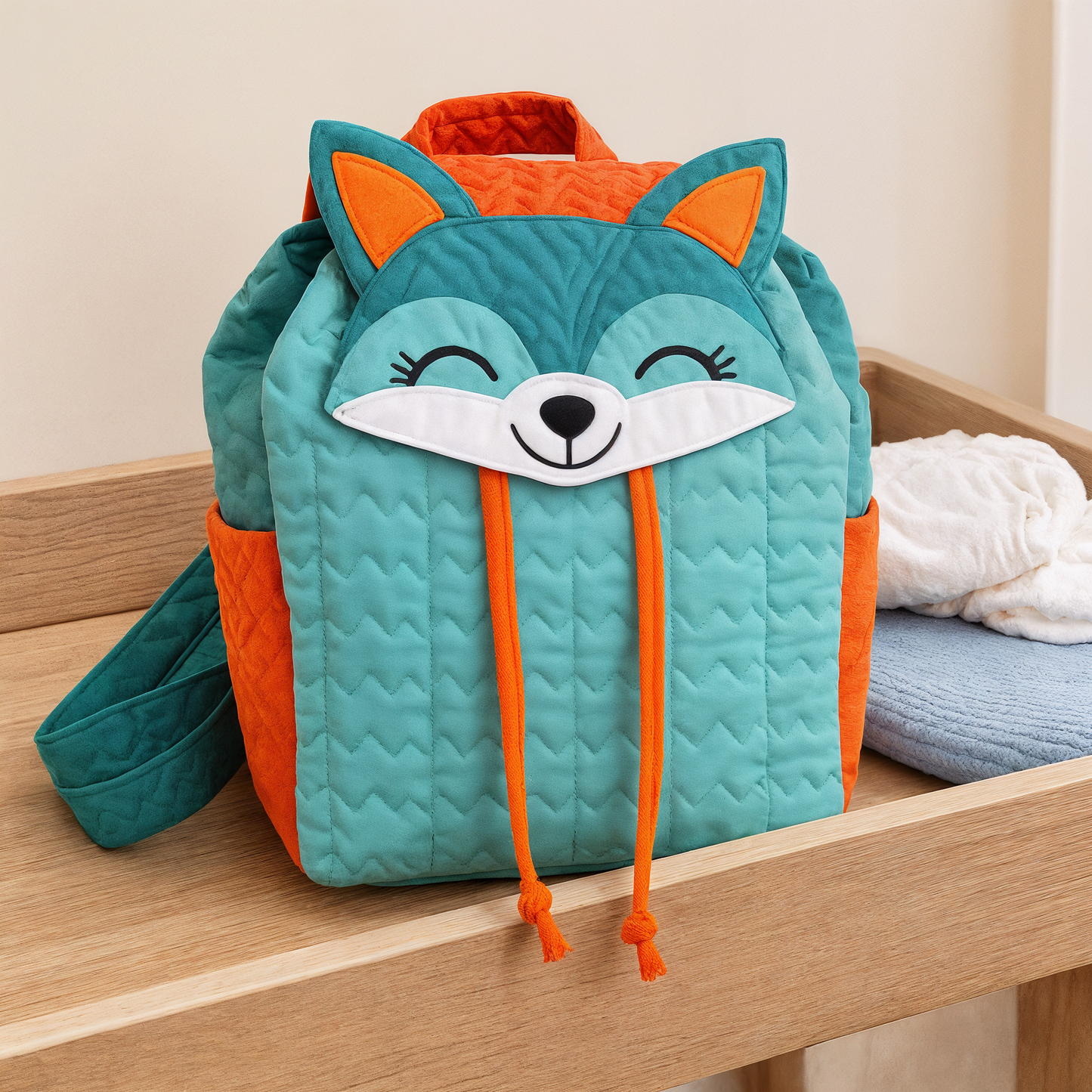 The Freddie Fox Backpack Downloadable PDF Quilt Pattern, showcasing a cute quilted fox design in teal and orange, is displayed on a light wooden surface.